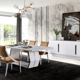 O charme da Sala de jantar Sagres White, com seu estilo clássico e moderno, é perfeito para criar um ambiente aconchegante para as reuniões familiares e amigos.