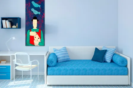 Quadro Pintando Cachorro e Pássaros