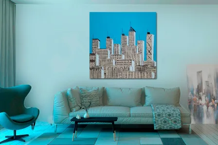 Pintura de edifícios com fundo azul