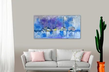 Quadro Barcos em pintura azul