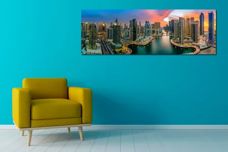 Pintura com vista aérea da cidade moderna