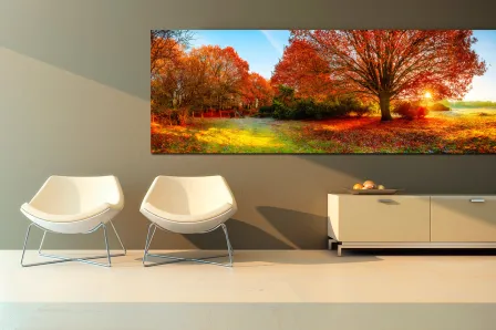 Pintura de paisagem com árvores vermelhas
