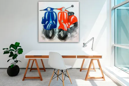 Quadro de motocicleta azul e laranja